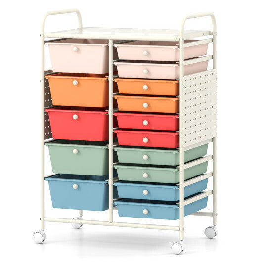 15-Drawer Rolling Storage Cart with Metal Tabletop and Pegboard-White