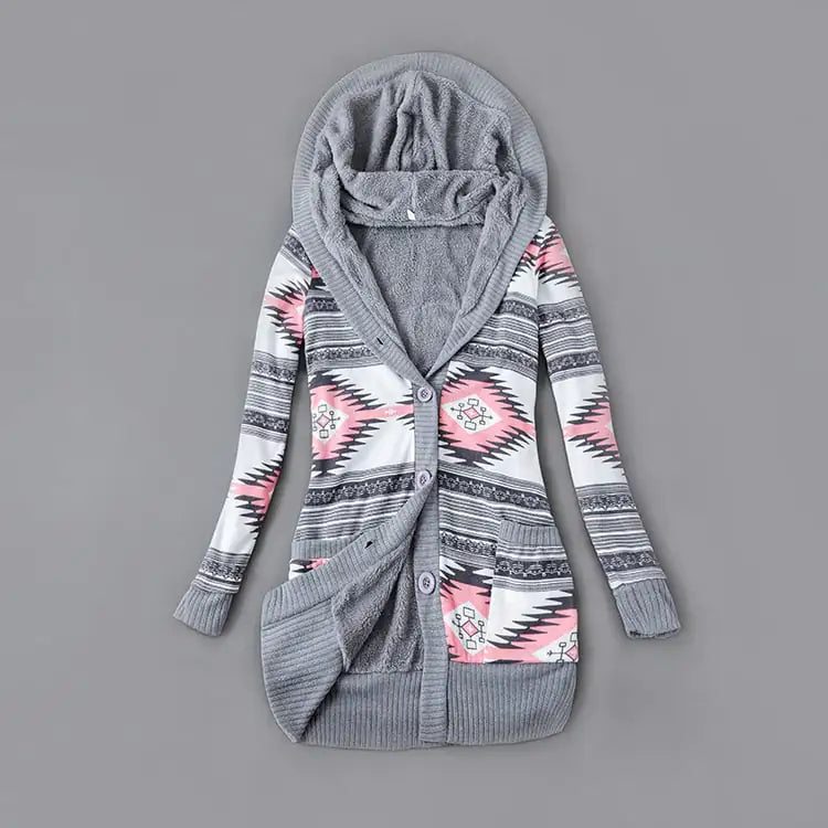 Thick Printed Hooded Knitted Cardigan Jacket