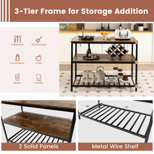 3 Shelves Kitchen Island Industrial Prep Table with Bottom Wine Rack-Rustic Brown