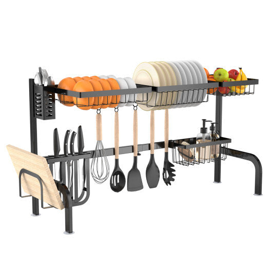 2 Tier Adjustable Over Sink Dish Drying Rack with 8 Hooks LuxuryLifeWay Online Store