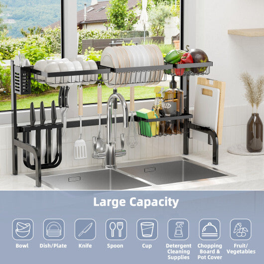 2 Tier Adjustable Over Sink Dish Drying Rack with 8 Hooks LuxuryLifeWay Online Store