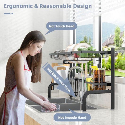 2 Tier Adjustable Over Sink Dish Drying Rack with 8 Hooks LuxuryLifeWay Online Store