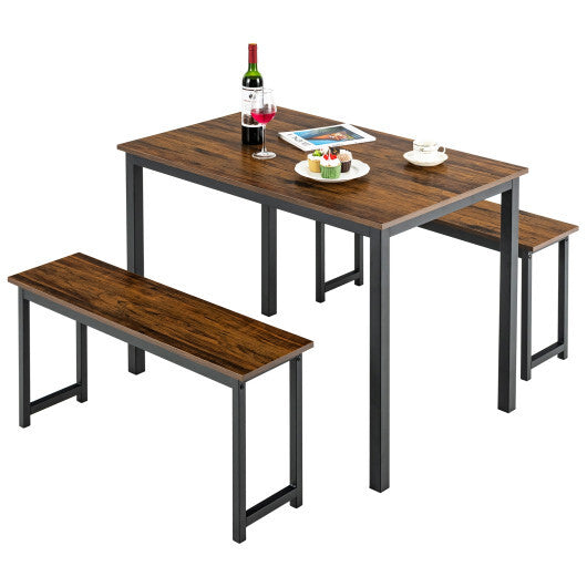 3 Pieces Dining Table Set with 2 Benches for Dining Room Kitchen Bar-Brown LuxuryLifeWay Online Store
