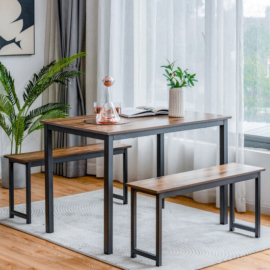 3 Pieces Dining Table Set with 2 Benches for Dining Room Kitchen Bar-Brown LuxuryLifeWay Online Store
