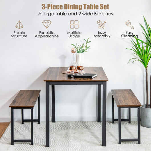 3 Pieces Dining Table Set with 2 Benches for Dining Room Kitchen Bar-Brown LuxuryLifeWay Online Store