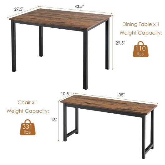 3 Pieces Dining Table Set with 2 Benches for Dining Room Kitchen Bar-Brown LuxuryLifeWay Online Store
