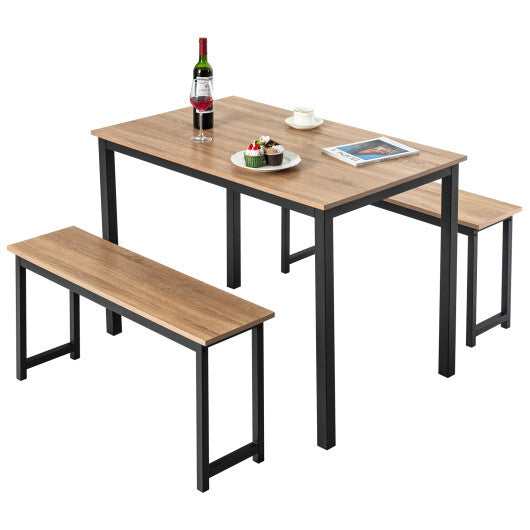 3 Pieces Dining Table Set with 2 Benches for Dining Room Kitchen Bar-Brown LuxuryLifeWay Online Store