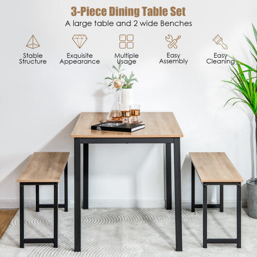 3 Pieces Dining Table Set with 2 Benches for Dining Room Kitchen Bar-Brown LuxuryLifeWay Online Store