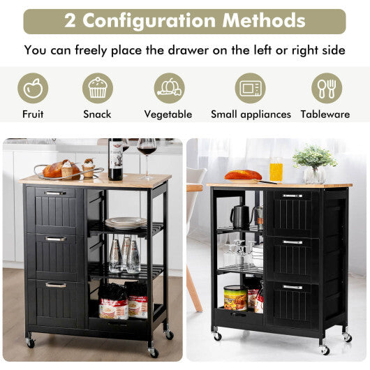 Kitchen Island Cart on Wheels with Rubber Wood Top and 3 Drawersand Removable Tray-Gray LuxuryLifeWay Online Store