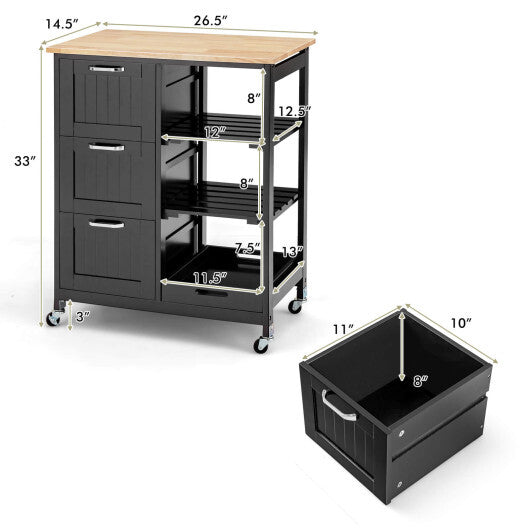 Kitchen Island Cart on Wheels with Rubber Wood Top and 3 Drawersand Removable Tray-Gray LuxuryLifeWay Online Store
