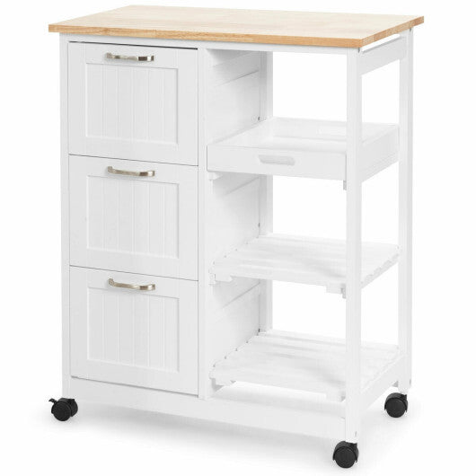Kitchen Island Cart on Wheels with Rubber Wood Top and 3 Drawersand Removable Tray-Gray LuxuryLifeWay Online Store