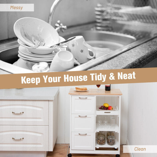 Kitchen Island Cart on Wheels with Rubber Wood Top and 3 Drawersand Removable Tray-Gray LuxuryLifeWay Online Store