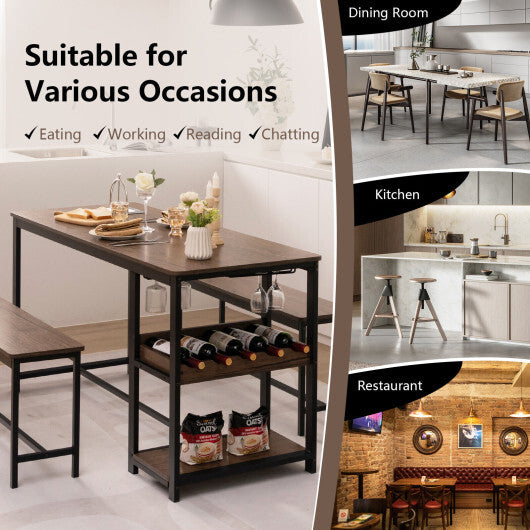 3 Pieces Dining Table Set for 4 with Wine Rack-Brown LuxuryLifeWay Online Store