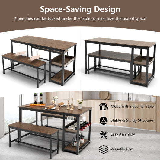 3 Pieces Dining Table Set for 4 with Wine Rack-Brown LuxuryLifeWay Online Store