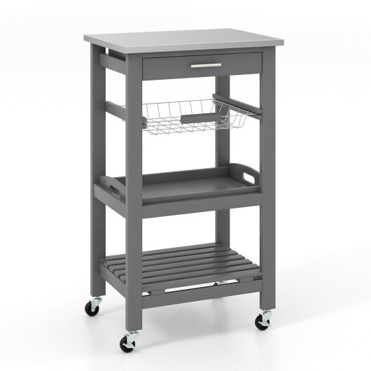 Kitchen Island Cart with Stainless Steel Tabletop and Basket-White