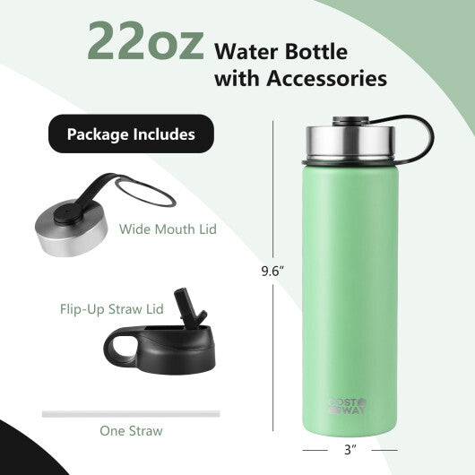 22 Oz Double-walled Insulated Stainless Steel Water Bottle with 2 Lids and Straw-Green - Color: Green LuxuryLifeWay Online Store