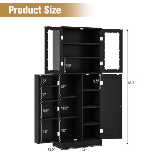Tall Kitchen Pantry Cabinet with Dual Tempered Glass Doors and Shelves-Black LuxuryLifeWay Online Store