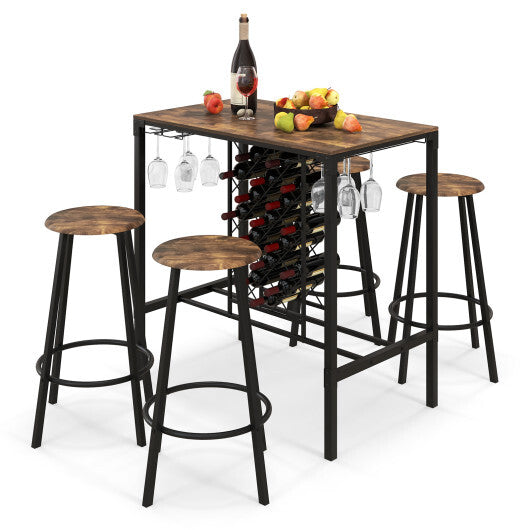 5 Pieces Bar Table and Stools Set with Wine Rack and Glass Holder-Rustic Brown - Color: Rustic Brown LuxuryLifeWay Online Store