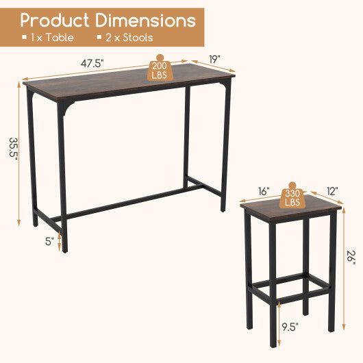 Industrial 3-Piece 47.5" Counter-Height Dining Table and 2 Bar Stools-Coffee LuxuryLifeWay Online Store