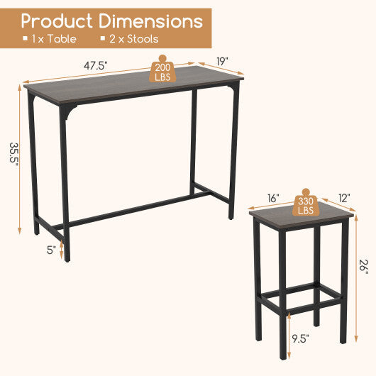 Industrial 3-Piece 47.5" Counter-Height Dining Table and 2 Bar Stools-Coffee LuxuryLifeWay Online Store