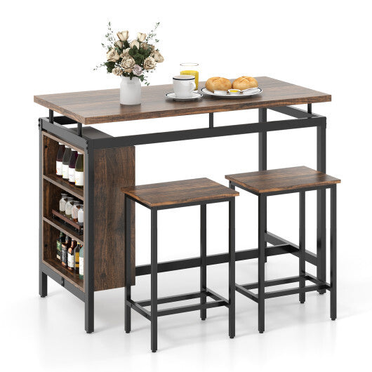 3 Pieces Dining Table Set with 3-Tier Storage Shelf and Metal Frame-Brown LuxuryLifeWay Online Store