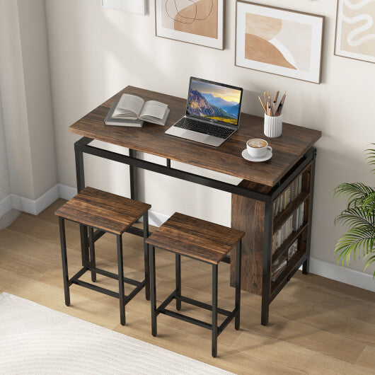 3 Pieces Dining Table Set with 3-Tier Storage Shelf and Metal Frame-Brown LuxuryLifeWay Online Store