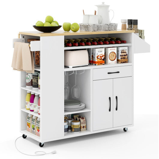 Rolling Kitchen Island Cart with Power Outlet for Dining Room-White and Natural LuxuryLifeWay Online Store
