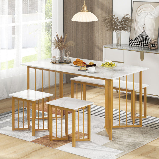 4 Piece Dining Table Set with Bench and 2 Stools-White LuxuryLifeWay Online Store