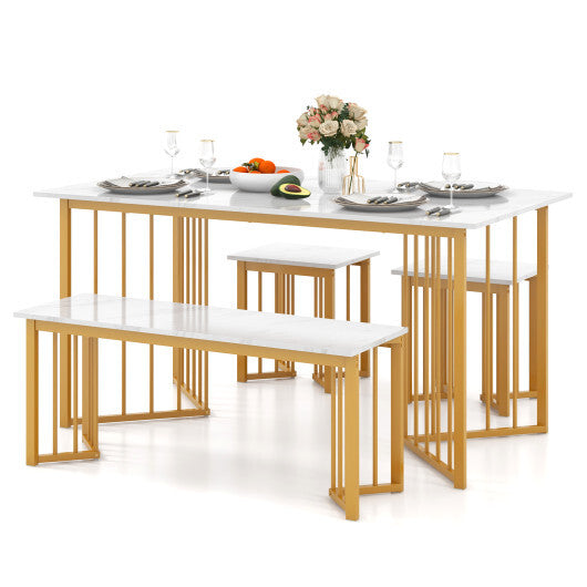 4 Piece Dining Table Set with Bench and 2 Stools-White LuxuryLifeWay Online Store