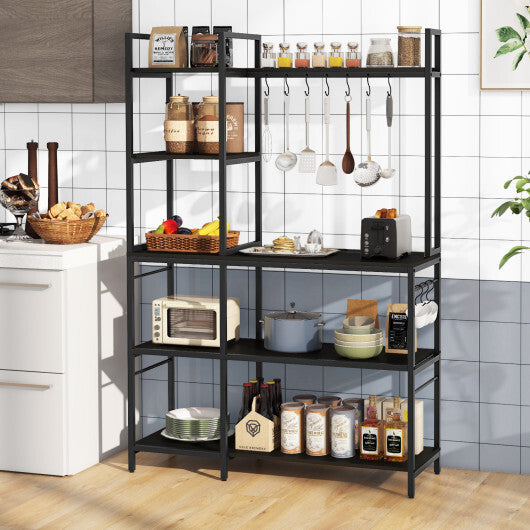 5-Tier Bakers Rack with Power Outlets and 10 S-Shaped Hooks-Rustic Brown