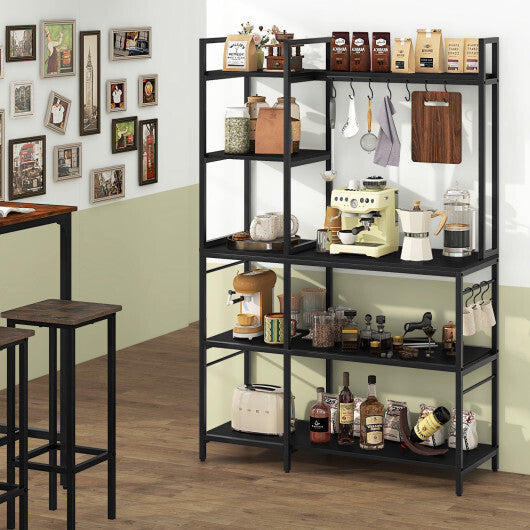5-Tier Bakers Rack with Power Outlets and 10 S-Shaped Hooks-Rustic Brown