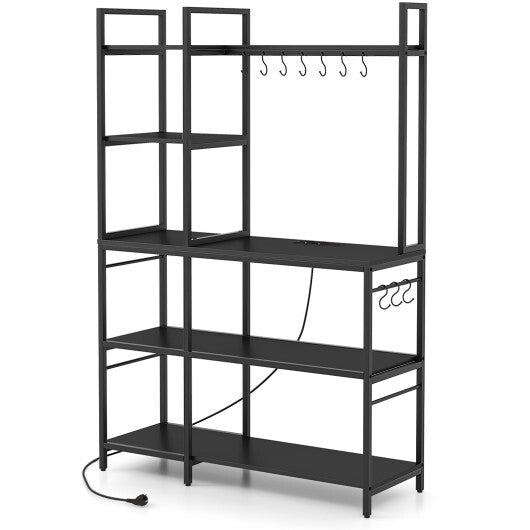 5-Tier Bakers Rack with Power Outlets and 10 S-Shaped Hooks-Rustic Brown