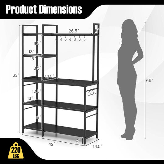 5-Tier Bakers Rack with Power Outlets and 10 S-Shaped Hooks-Rustic Brown
