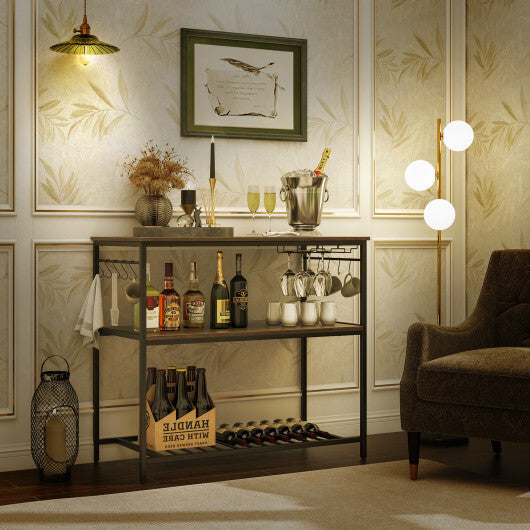 Kitchen Island with 3 Shelves Wine Glass Holders and 10 Hooks-Gray