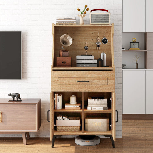 Coffee Bar Cabinet with Pegboard Storage Drawer and Adjustable Shelf-Oak LuxuryLifeWay Online Store