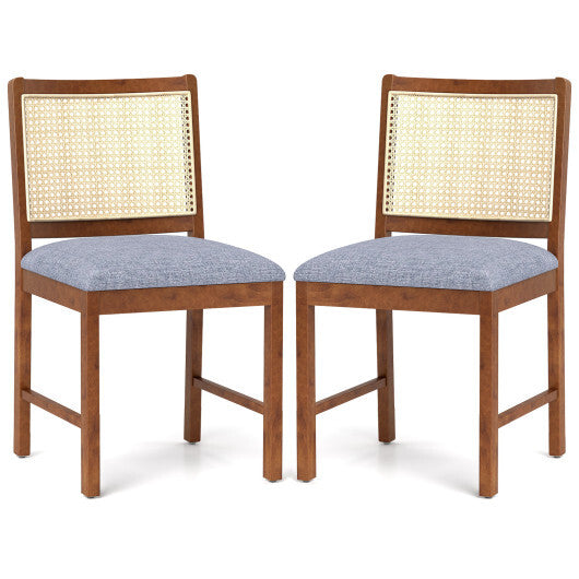 Rattan Dining Chair Set of 2 with Rubber Wood Frame and Linen Fabric Padded Seat-Walnut LuxuryLifeWay Online Store