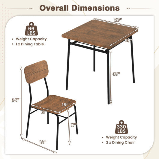 3 Piece Dining Table Set for 2 Wood Square Table with Metal Frame-Brown LuxuryLifeWay Online Store