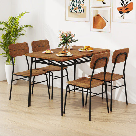 5-Piece Table Set for 4 with Metal Frame and Storage Rack-Brown LuxuryLifeWay Online Store