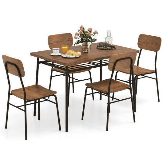 5-Piece Table Set for 4 with Metal Frame and Storage Rack-Brown LuxuryLifeWay Online Store