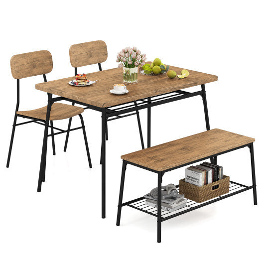 4 Piece Dining Table Set for 4 Metal Frame with Bench and 2 Chairs-Brown LuxuryLifeWay Online Store