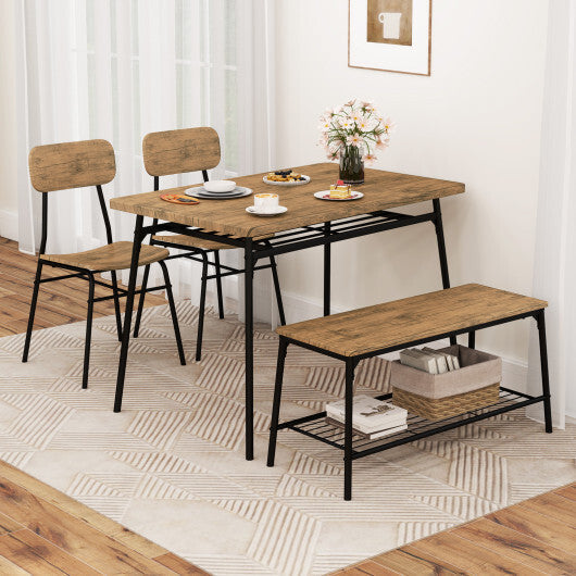 4 Piece Dining Table Set for 4 Metal Frame with Bench and 2 Chairs-Brown LuxuryLifeWay Online Store