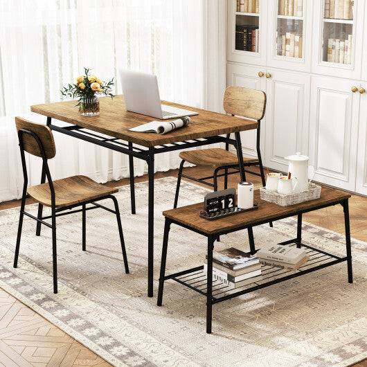 4 Piece Dining Table Set for 4 Metal Frame with Bench and 2 Chairs-Brown LuxuryLifeWay Online Store