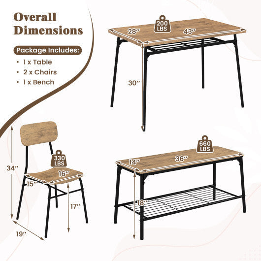 4 Piece Dining Table Set for 4 Metal Frame with Bench and 2 Chairs-Brown LuxuryLifeWay Online Store