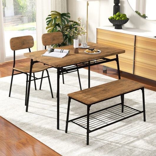 4 Piece Dining Table Set for 4 Metal Frame with Bench and 2 Chairs-Brown LuxuryLifeWay Online Store