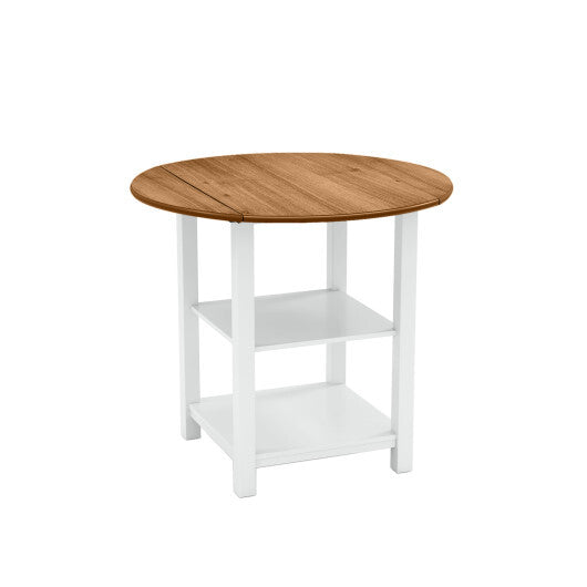 Folding Round Dining Table Drop Leaf Table with 2 Shelves for Small Spaces-White LuxuryLifeWay Online Store