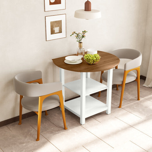 Folding Round Dining Table Drop Leaf Table with 2 Shelves for Small Spaces-White LuxuryLifeWay Online Store
