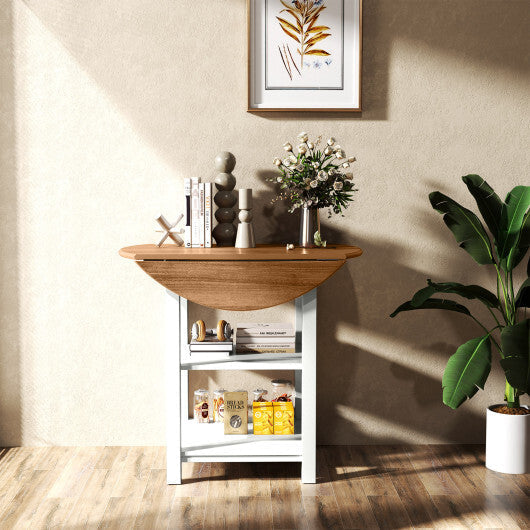 Folding Round Dining Table Drop Leaf Table with 2 Shelves for Small Spaces-White LuxuryLifeWay Online Store