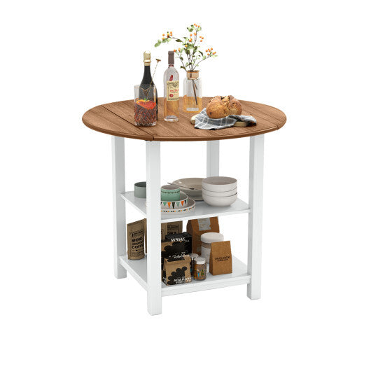 Folding Round Dining Table Drop Leaf Table with 2 Shelves for Small Spaces-White LuxuryLifeWay Online Store