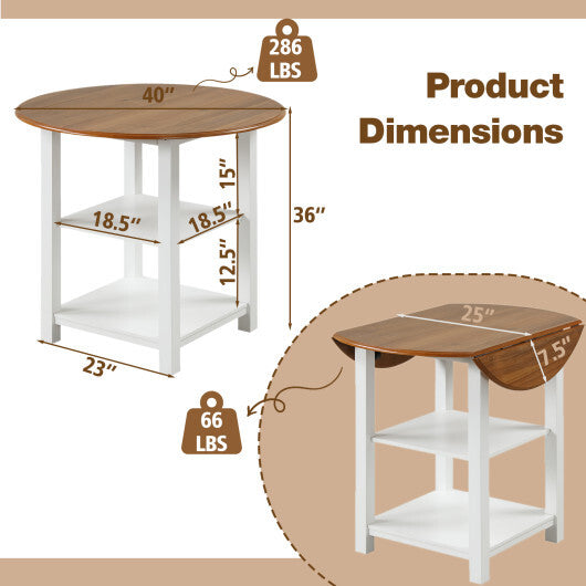 Folding Round Dining Table Drop Leaf Table with 2 Shelves for Small Spaces-White LuxuryLifeWay Online Store