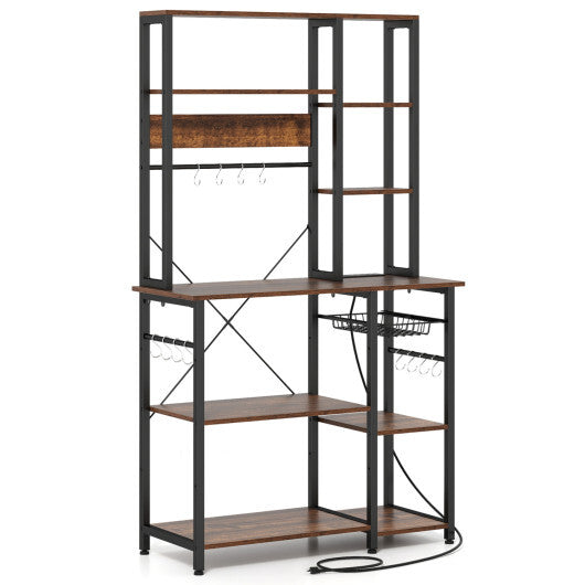 6-Tier Bakers Rack with Power Outlet Stand Wooden Open Shelves-Rusticbrown LuxuryLifeWay Online Store
